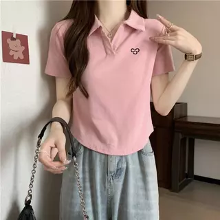 เสื้อโปโลครอปท็อป ผู้หญิง แขนสั้น สีพื้นเรียบ