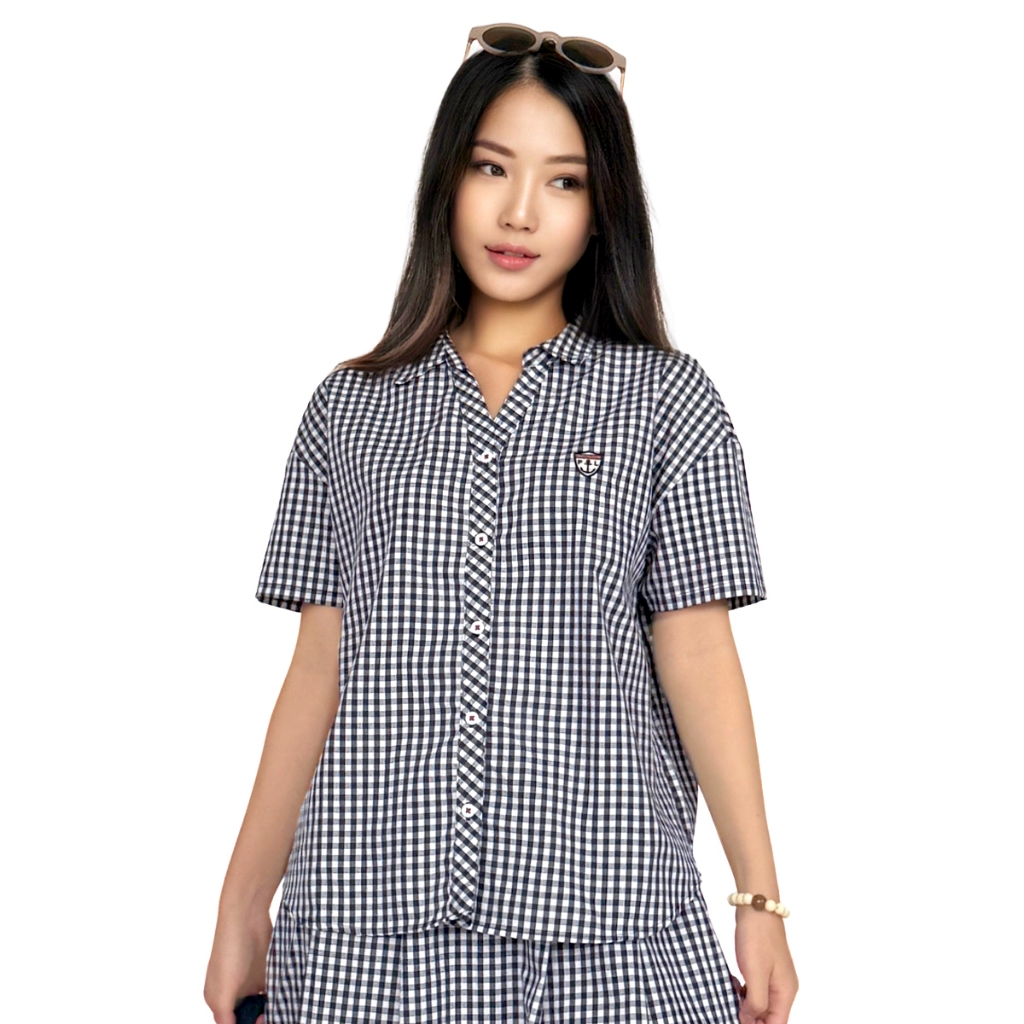 * Best Price * PORTLAND เสื้อเชิ้ตเบลาซ์ แขนสั้น ลายสก๊อต สีกรม / Puff Sleeve Plaid Blouse (Navy)