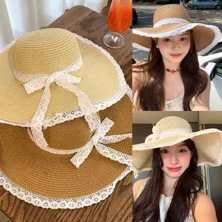 หมวกฟางลูกไม้ หมวกสีทึบกว ้ ปีกหมวกกว้าง🏖️ เครื่องประดับแฟชั่น สไตล์เกาหลี✨ ตัวเลือกหลากหลาย พร้อมส่งในไทย