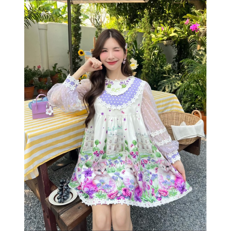 มือ2 🎊XXL สภาพใหม่ เดรสทรงปล่อย เเขนยาว แต่งลูกไม้ BLT