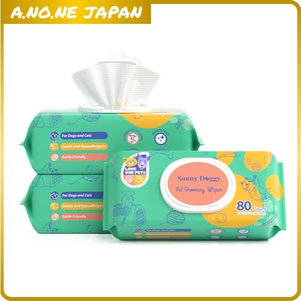 SUNNY DOGGY ทิชชู่เปียกสัตว์เลี้ยง | 80 แผ่น x 3 ห่อ | ปลอดแอลกอฮอล์ | แผ่นหนา ใหญ่ | ใช้ได้กับสุนัข