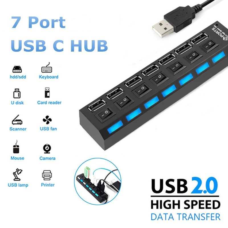 🔥ส่งจากไทย🔥ฮับสวิตช์ USB 7 พอร์ต ซ็อกเก็ตฮับสวิตช์อิสระ 7 พอร์ต