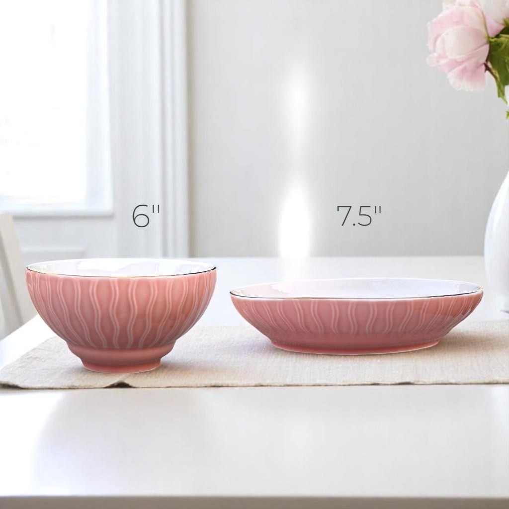 จาน ชาม สไตล์รัสติก สีชมพู เซรามิก 6/7.5/9นิ้ว เข้าเวฟได้ ปลอดภัย Pink Ceramic Plate Bowl Dinnerware