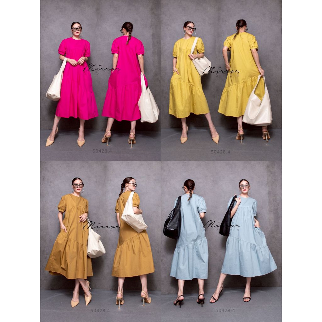 •MIRRORSISTER• MRST 50428.4 เดรสน่ารักคอกลมแขนแต่งพองเบาๆทรงตุ๊กตา แพทเทรินหลวมปล่อยยาวลงมา ตัดต่อตะ