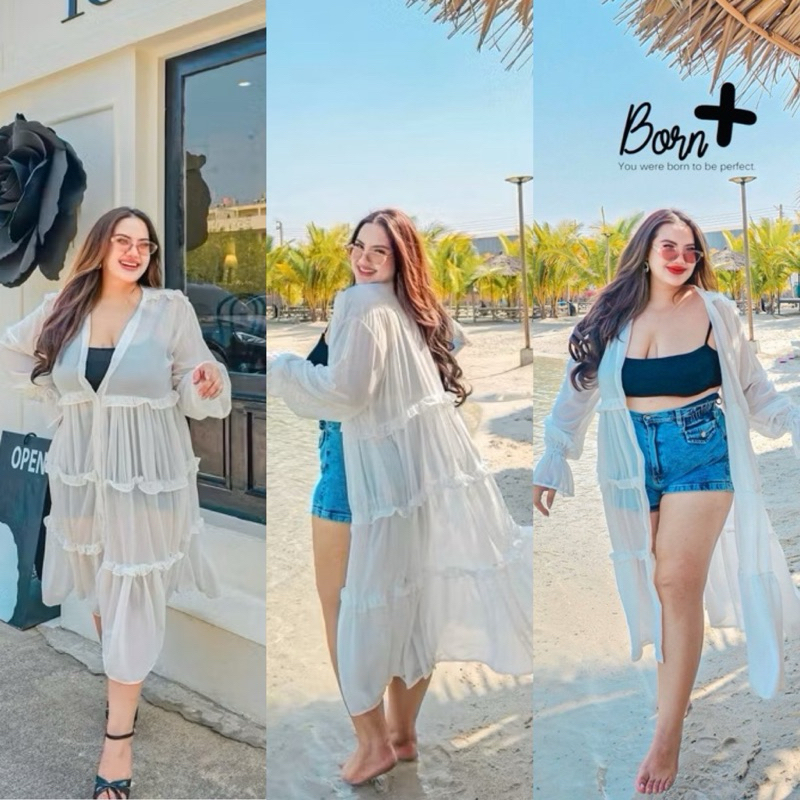 /BP/ เสื้อคลุมยาวสาวอวบ กระดุมผ่าหน้ายาว แต่งระบาย #มี2เนื้อผ้า #เสื้อผ้าไซส์ใหญ่ สาว อ้วน พลัสไซส์