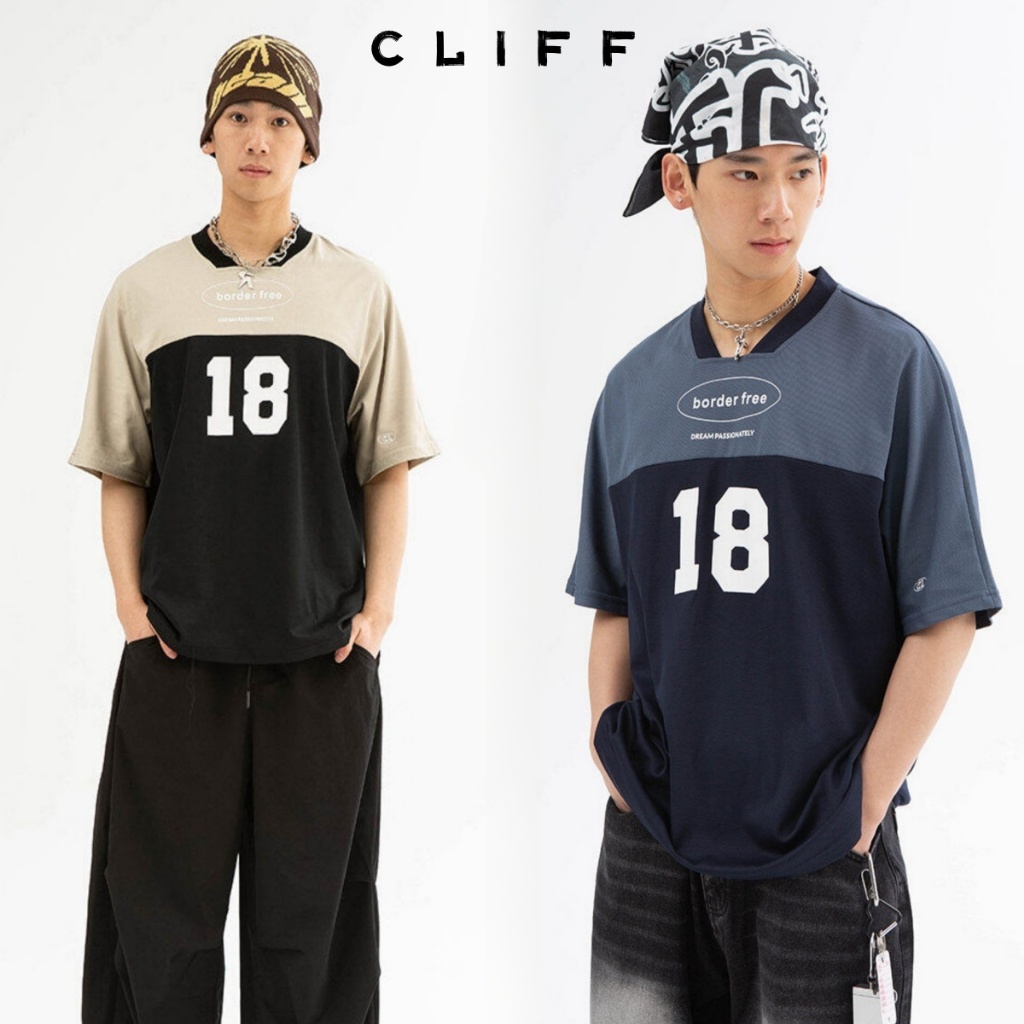 CLIFF เสื้อยืดแขนสั้น คอวี สไตล์สปอร์ต สไตล์อเมริกันวินเทจ แฟชั่นแมทช์ง่าย