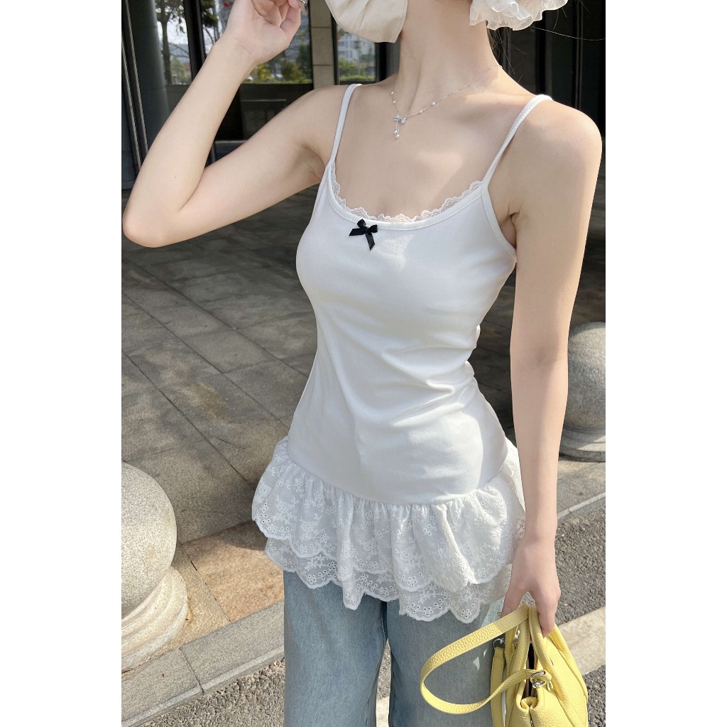 เสื้อสายเดี่ยว เสื้อสายเดี่ยวลูกไม้ ทรงเข้ารูป ทรงเข้ารูป มีโบว์เเต่งที่อก #1502313