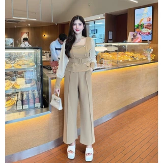 ชุดเซตยาวผ้าวูลเวฟ เสื้อแขนยาวผ้าซีฟองคอเหลี่ยมกระดุมเมอแรงแต่งกระเป๋าหน้า+กางเกงเอวเรียบสม็อคหลัง+สายเข็มขัด A6612