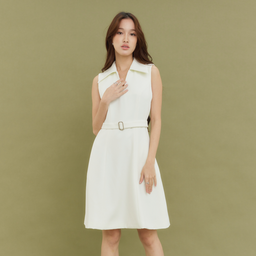 Miss Office เดรสแขนกุดปกแหลมแต่งเข็มขัด (Hestia Dress) (MD-111)