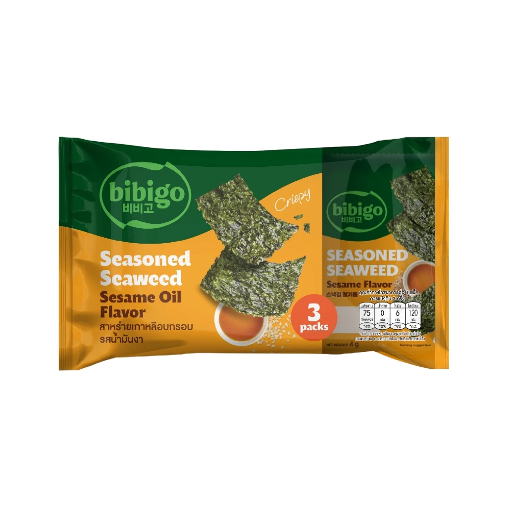สาหร่ายบิบิโก สาหร่ายเกาหลี bibigo seaweed สาหร่ายทะเลอบปรุงรส น้ำมันงา 4 กรัม x 3