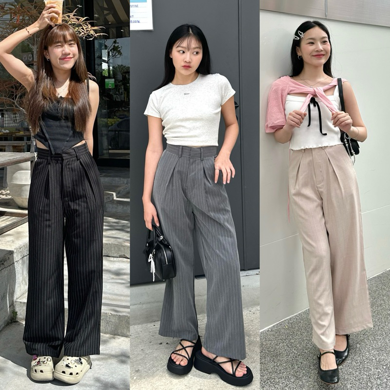 150cm jolie กางเกงขายาวลายทาง กระบอกใหญ่ จีบหน้า สวยดูแพงมากก [playwork.store] (021-ลายริ้ว)