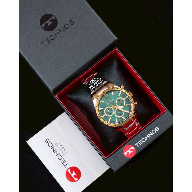 Technos Chronograph T9B87 หน้าปัดสีเขียวขอบทอง  หายาก มือ1 ไม่ผ่านการใช้งาน เหมาะกับสายสะสม (fullbox