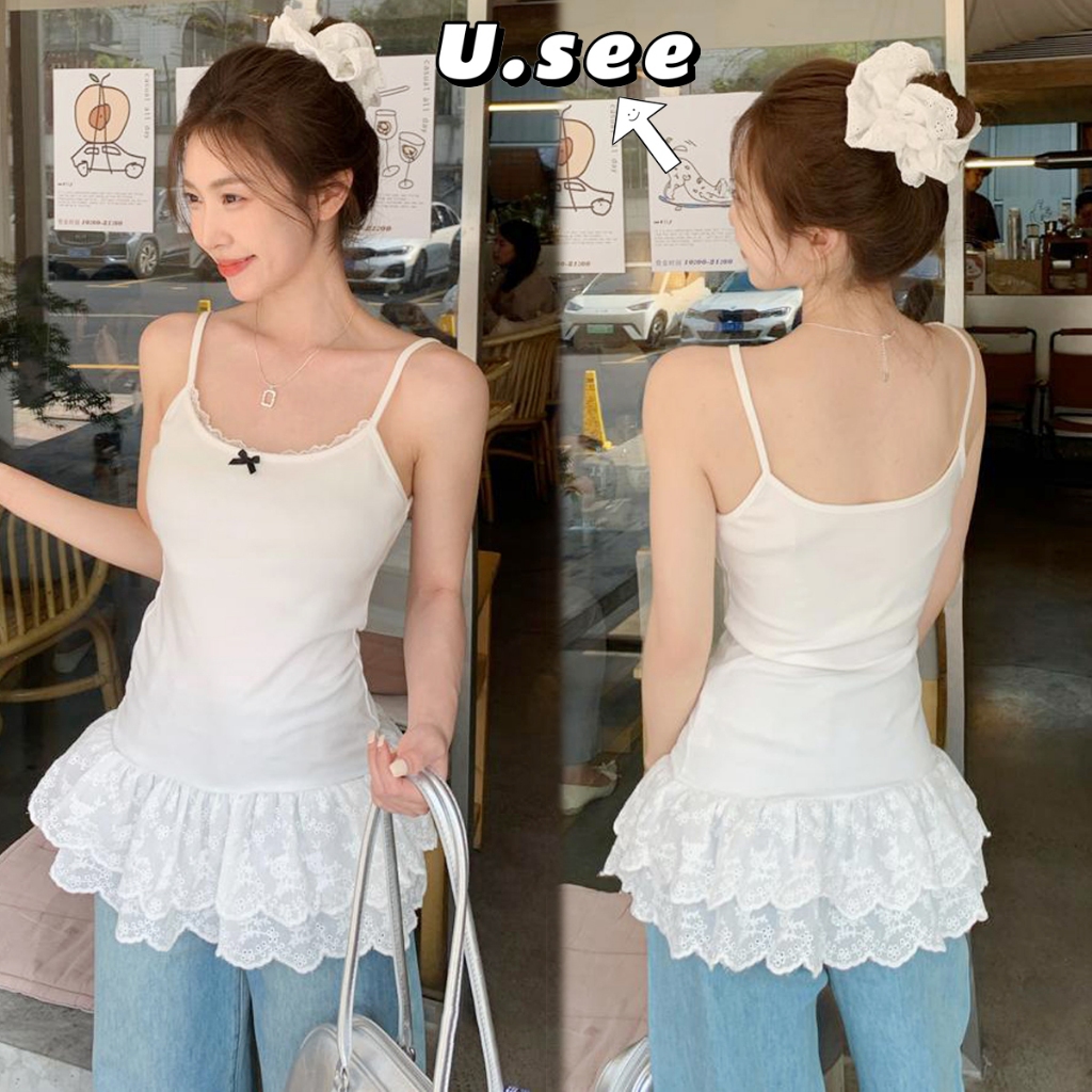 เสื้อครอป เสื้อสายเดี่ยว เเต่งชายลูกไม้ สไตล์เกาหลี ผ้ายืดได้#2313