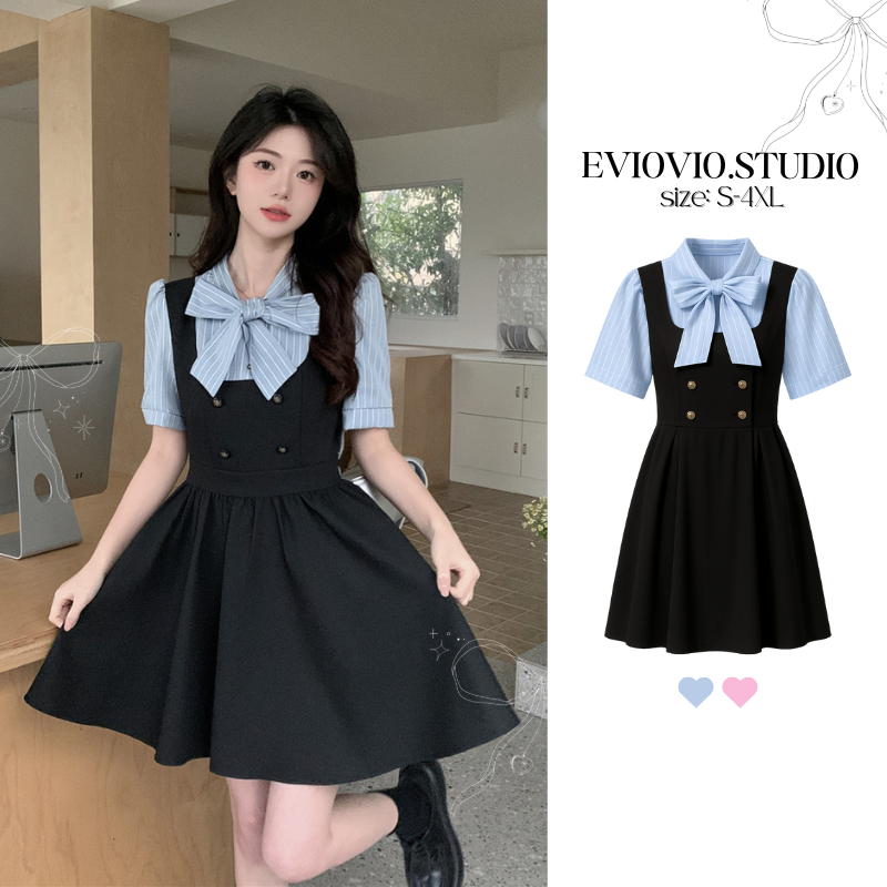 【EVIOVIO】S-4XL✨เดรสสไตล์เกาหลี ผูกโบว์น่ารัก ทรงเข้ารูป เดรสสาวอวบ พลัสไซซ์ ดีไซน์ 2 in 1 เดรสออกงาน