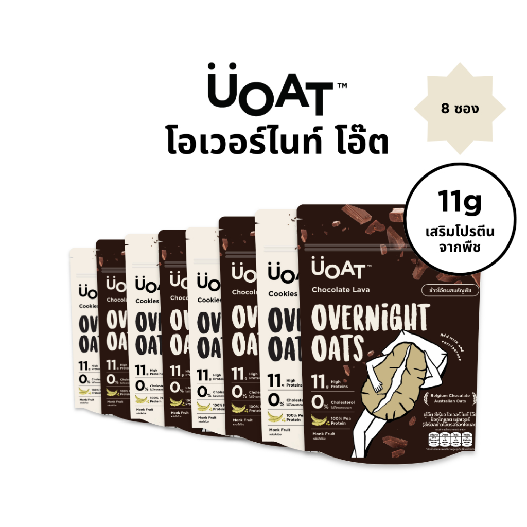 UOAT โอเวอร์ไนท์โอ๊ต โปรตีนสูง 8 ซองคละรส | Overnight Oats Vegan High Protein Oats,No Sugar 8-Pack