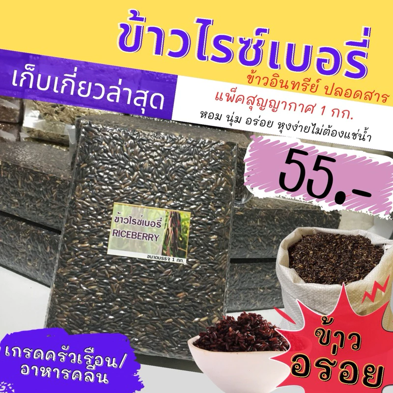 ข้าวไรซ์เบอรี่ นาปรัง สีไม่เข้ม แต่หอมนุ่ม แพคสุญญากาศ 1 กก. ข้าวพันธุ์ไทยแท้ หอมนุ่ม เกรดครัวเรือน/อาหารคลีน