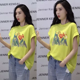 เสื้อแขนกุดลําลองทรงหลวมสไตล์เกาหลีน่ารัก oversize เสื้อผ้าสาวอวบแฟชั่นฤดูร้อนใหม่ เสื้อยืดสวยๆผู้หญิงที่กําลังฮิตวินเทจ