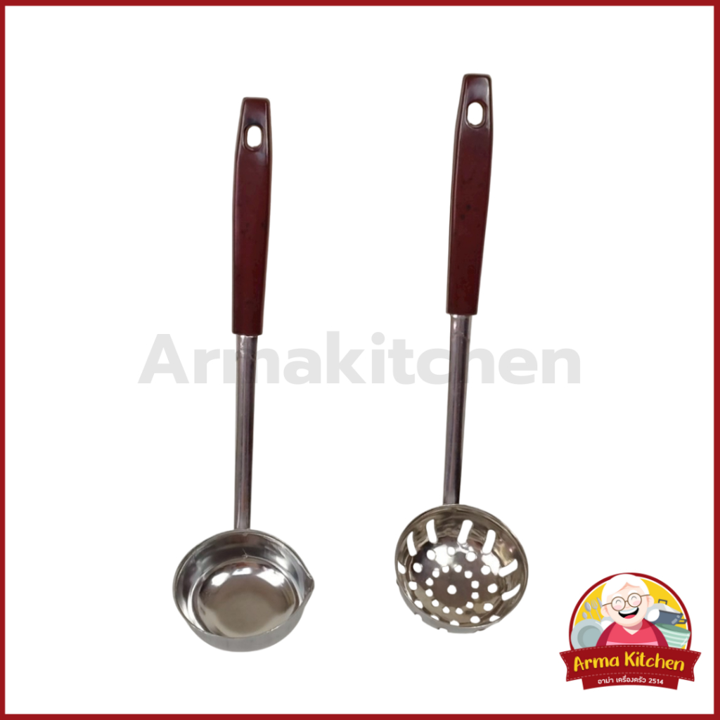 ตะกร้อสุกี้ กระบวยสุกี้ สแตนเลสด้ามจับลายหิน อย่างดี ตราสมอ