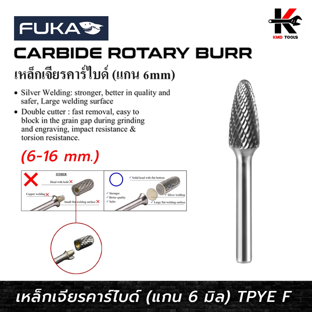 FUKA ดอกคาร์ไบด์ แกน 6 มิล (ขนาด 6,8,10,12,16 mm.) TPYE F ดอกคาไบร์ท 6มิล ดอกคาไบร์ทแท้ ดอกเจียรคาร์ไบด์ ยี่ห้อ FUKA