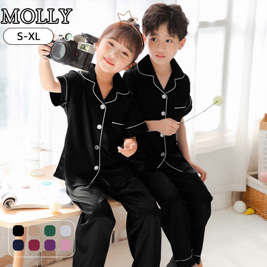 Molyy 3 ปี - 10 ปี ชุดนอนผ้าไหมเย็นสำหรับเด็กผู้ชายและเด็กผู้หญิง แขนสั้น กางเกงขายาว สวมใส่สบาย