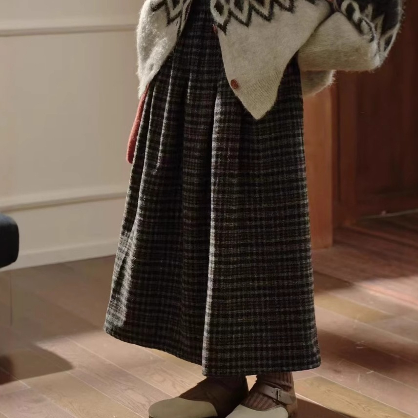 Shebiti Long Skirt กระโปรงยาว ทรงเอ เอวสูง ลายสก็อต ผ้าทวีด เอวยืด สไตล์เกาหลี กระโปรง วินเทจ ผู้หญิง — صورة 3