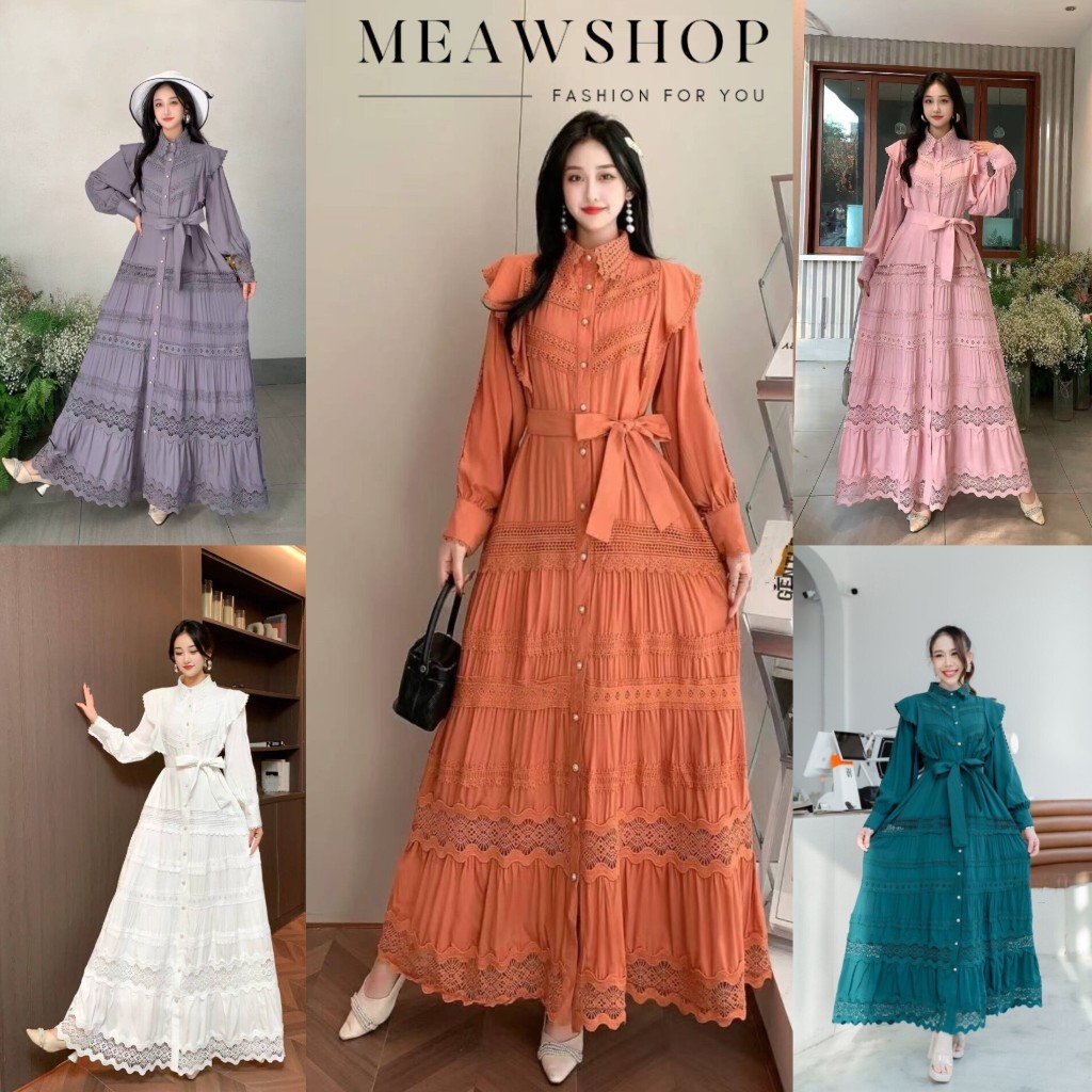 มี 8สีค่ะ Maxi dress ลูกไม้ ฉลุ ผ้าผูกเอว ชุดไปทะเล ลูกไม้ ชุดออกงาน ชุดทำบุญ แม่เจ้าสาว ชุดคลุมท้อง
