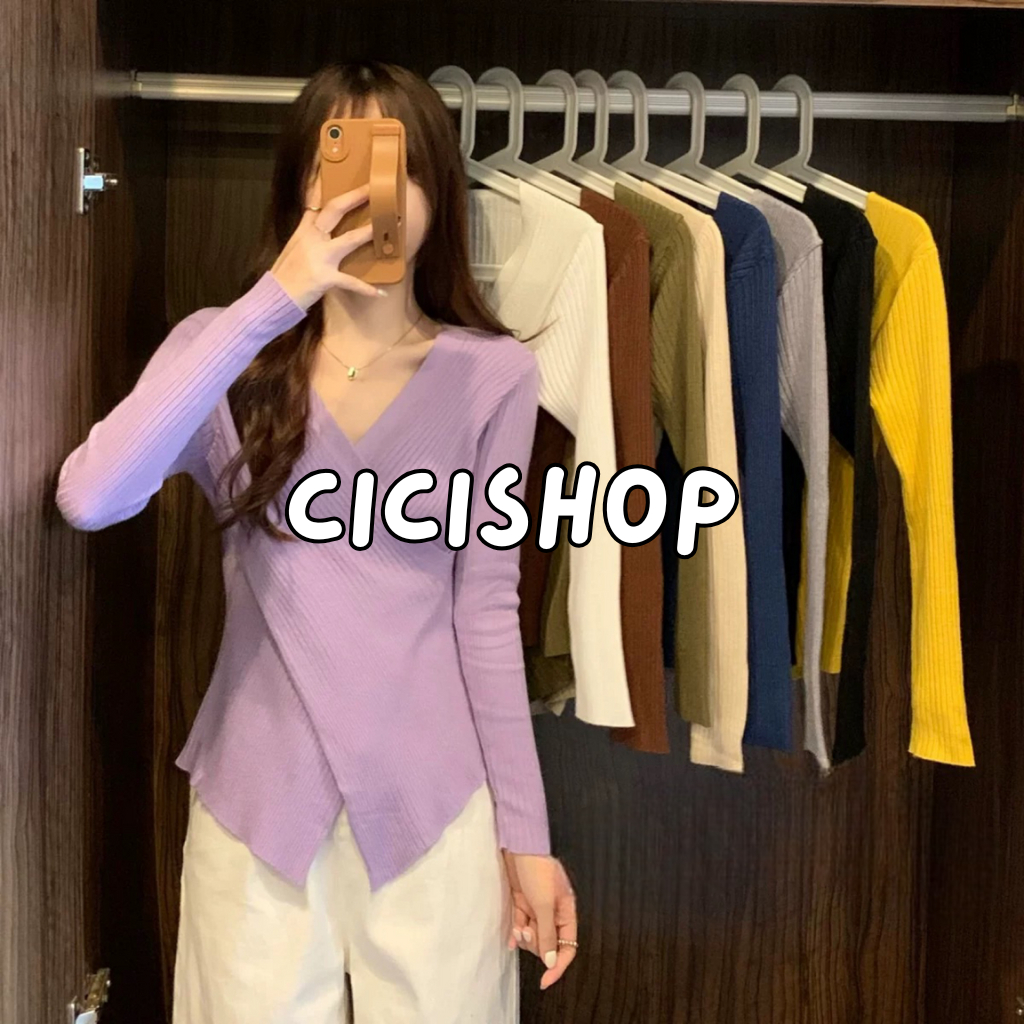 Cicishop(2886)เสื้อไหมพรมแขนยาว ผ้าร่อง ดีเทลไขว้หน้าสีเบสิค ทรงสวย เข้ารูปผ้านิ่ม ใส่สบายดูดี เรียบหรู