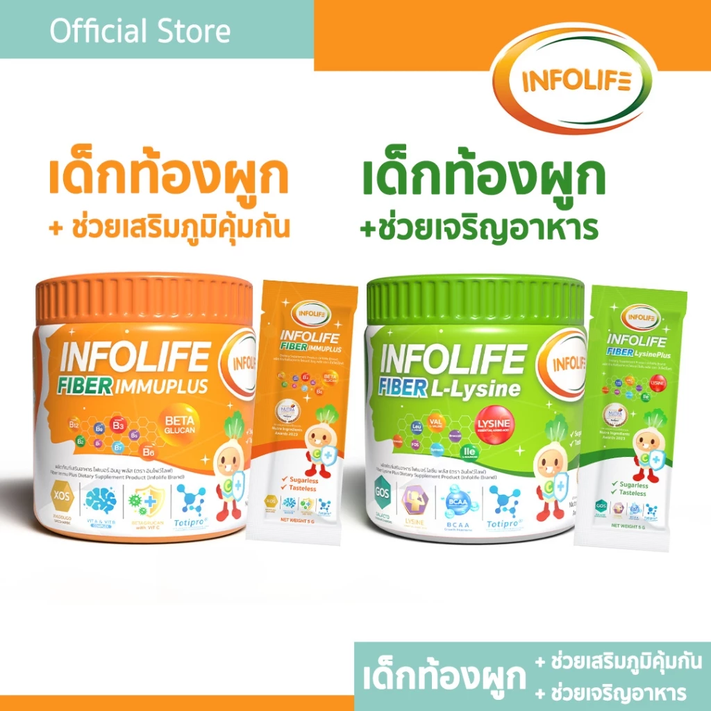 (2 กระปุก) อินโฟว์ไลฟ ไฟเบอร์ อิมมู พลัส+ ไฟเบอร์ แอล-ไลซีน แก้ท้องผูก กินเก่ง เสริมภูมิคุ้มกัน สำหรับเด็ก ส่งฟรี
