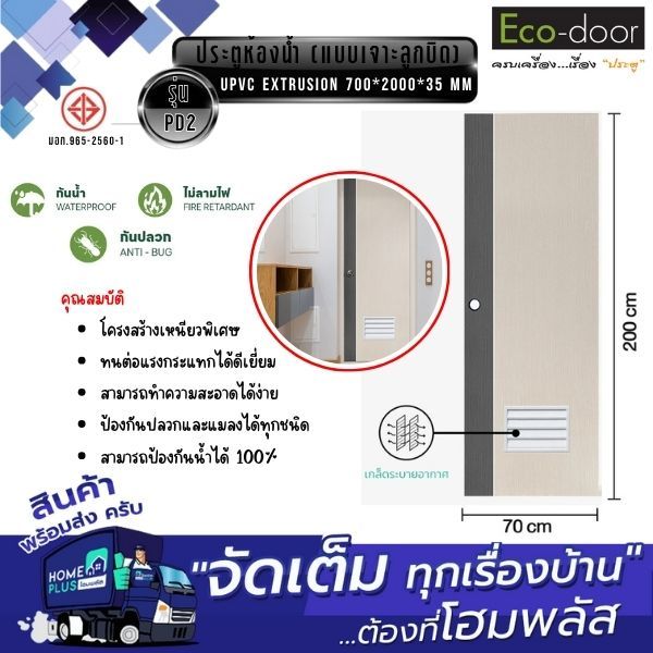 ประตู UPVC 700*2000*35 mm. รุ่น PD2 ห้องน้ำ (แบบเจาะลูกบิด)EXTRUSION ECO-DOOR