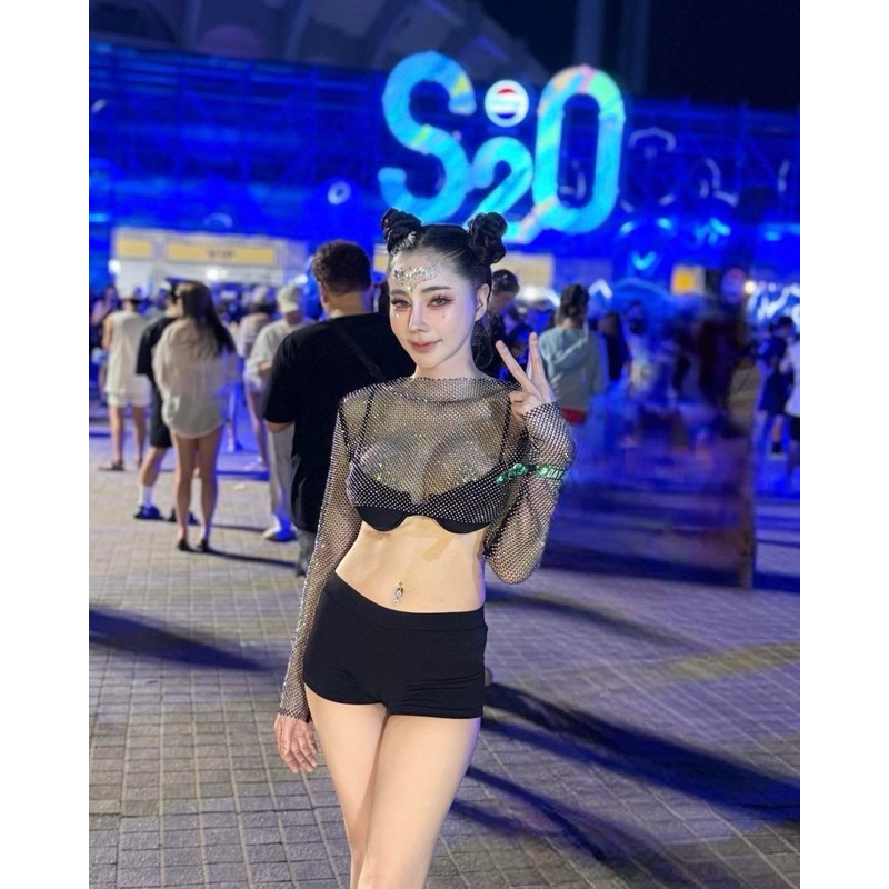 เสื้อครอปตาข่ายเพชรสลับสี แขนยาวครึ่งตัว ผ้าคลุมไหล่ตาข่าย รุ่นWZ1001