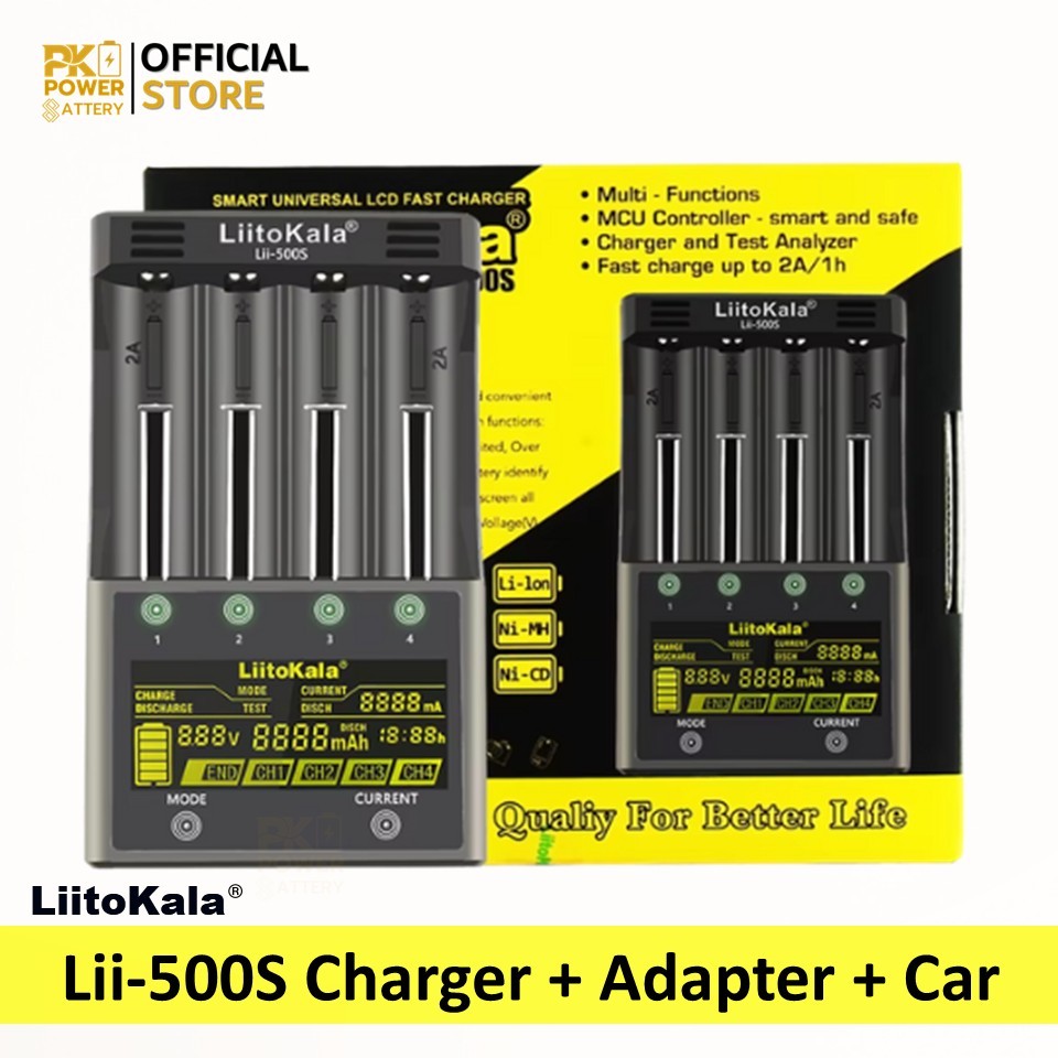 LiitoKala Lii-500S เครื่องชาร์จแบตเตอรี่ 4 ช่อง + อะแดปเตอร์ + สายชาร์จในรถ