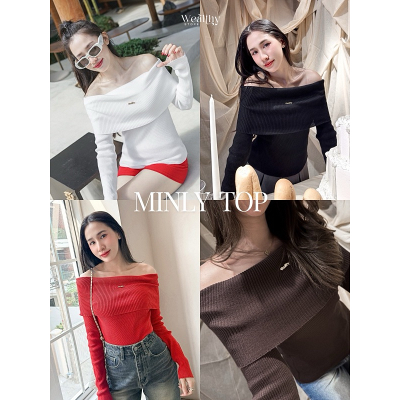 Wealthy Minly Top เสื้อปาดไหล่แขนยาว ดีไซน์สวย เนื้อผ้าไหมพรม