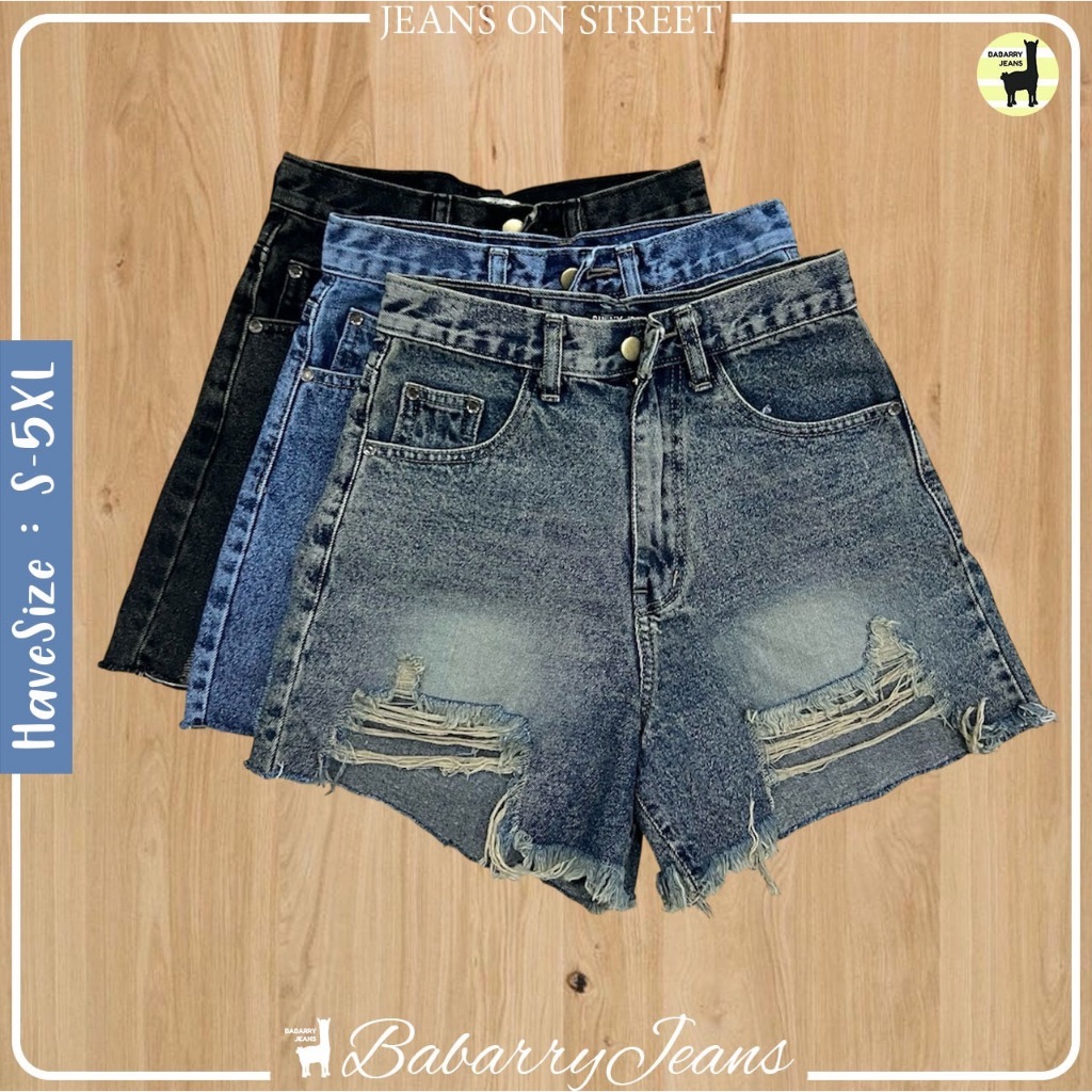 Babarry On Street [S-5XL] กางเกงขาสั้น ยีนส์ขาด ผู้หญิง เอวสูง เท่ห์มีสไตล์