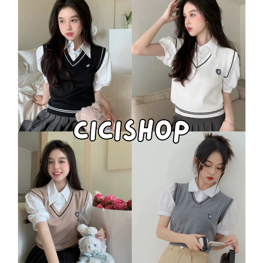 Cicishop(03015-1)เสื้อแขนสั้นตัดต่อ2ชิ้น เชิ้ตคอปกด้านในเสื้อกั๊ดไหมพรมด้านนอกติดกัน น่ารักมากเกาหลีเวอร์