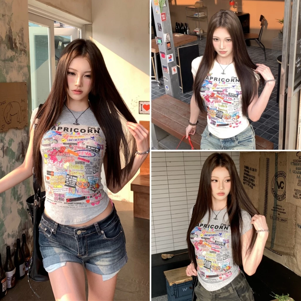 cherryshop พร้อมส่ง เสื้อครอปแฟชั่นสไตล์อเมริกันย้อนยุคสำหรับผู้หญิง คอกลม สไตล์สลิมฟิต ภาพพิมพ์การ์ตูน เซ็กซี่
