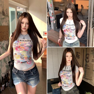 cherryshop พร้อมส่ง เสื้อครอปแฟชั่นสไตล์อเมริกันย้อนยุคสำหรับผู้หญิง คอกลม สไตล์สลิมฟิต ภาพพิมพ์การ์ตูน เซ็กซี่