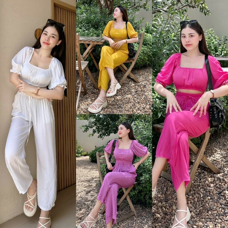 TT21062 Set เสื้อครอปแขนตุ๊กตา+กางเกงขายาว