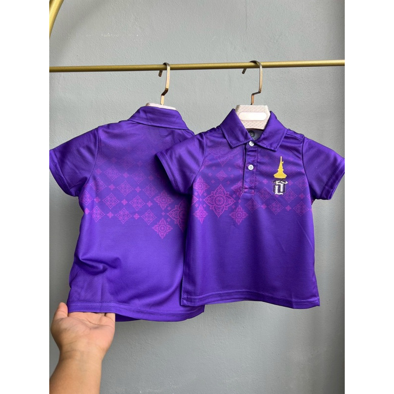 เสื้อพิมพ์ลาย สีม่วง PTแขนสั้นของเด็กและะผู้ใหญ่