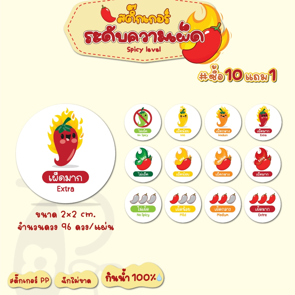 สติ๊กเกอร์ ระดับความเผ็ด  Spicy level 96ดวง/แผ่น(สติ๊กเกอร์ PP กันน้ำ💦!!)