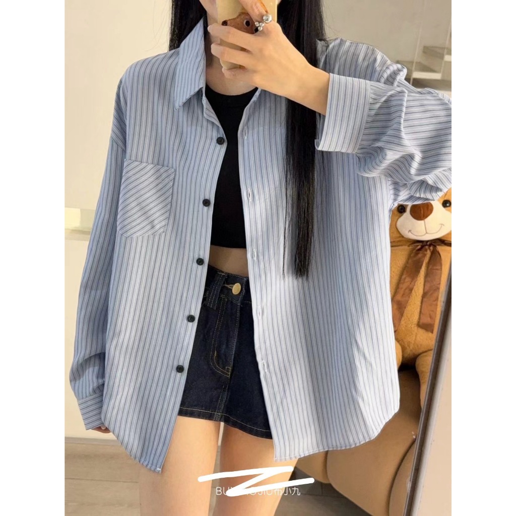 เสื้อเชิ้ตผู้หญิง ลายทาง คอปก แขนยาว ผ้าดี ทรงหลวม สไตส์เกาหลี