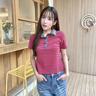 JARINYA (S-L) เสื้อยืดคอปกลายขวางปัก Jy ผ้าใส่สบาย (T848)