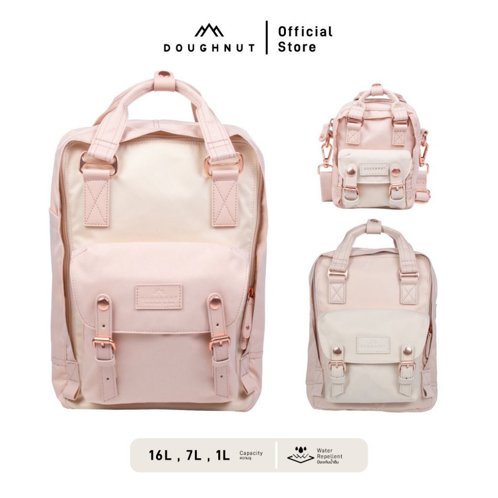DOUGHNUT รุ่น Macaroon สี Soft Sunrise x Hazy 3 ขนาด 16L / 7L / 1L กระเป๋าเป้โดนัท สารพัดช่องจัดเก็บ อะไหล่หนังแท้ ทนทาน