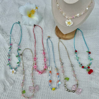 🌼พร้อมส่งจากไทย🌼 E-06สร้อยเชือกเทียนจี้ดอกไม้ เปลือกหอย ปลาดาว สไตล์สาวฮาวายใส่เที่ยวทะเล