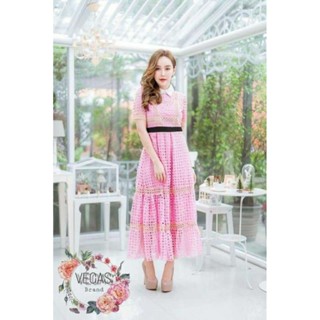 ชุดเดรสยาวลูกไม้สีชมพูไซด์mป้ายเวกัส