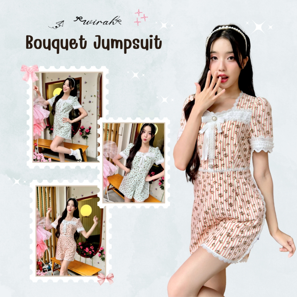 「 Wirah_Brand 」DW149 Bouquet Jumpsuit : Jumpsuit ขาสั้น ผ้า Cotton ทอลายริ้วพิมพ์ลายช่อดอกไม้