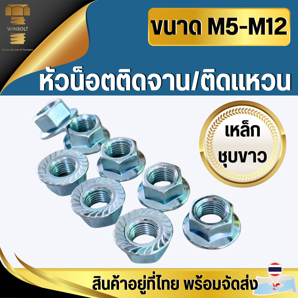 น็อต หัวน็อตติดจาน ติดแหวน เหล็กชุบขาว ขนาด M5 M6 M8 M10 M12  M10-1.25 สินค้าอยู่ที่ไทย พร้อมส่ง