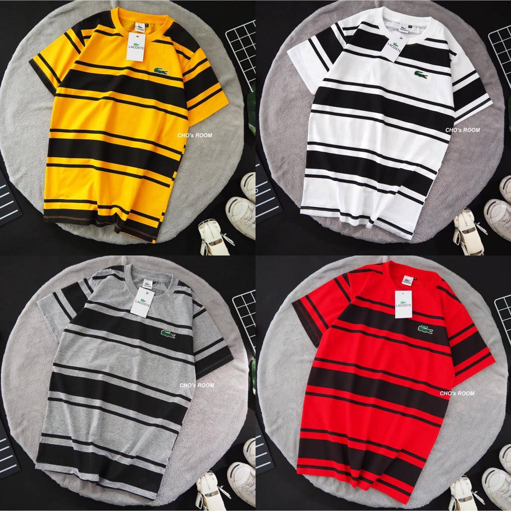 เสื้อยืดลายริ้วงานปัก ลาคอต (S M L XL) No.35 เนื้อผ้า cotton 100% ผ้าเด้ง นุ่ม ใส่สบาย