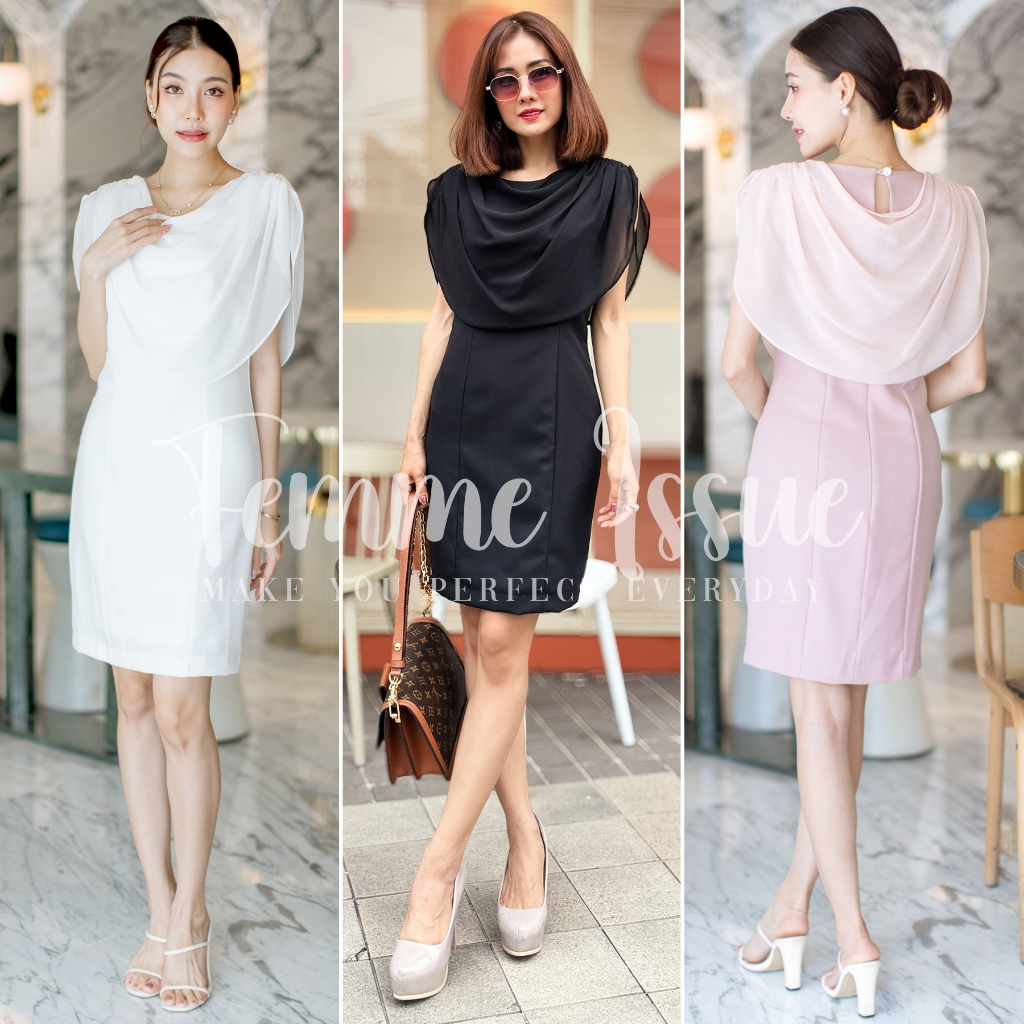 NEW สินค้าใหม่มาแรง‼️FEMME ISSUE ⭐️ ชุดทำงาน มินิเดรสแขนกุดแต่งชีฟองคลุมไหล่⭐️ สินค้าขายดี