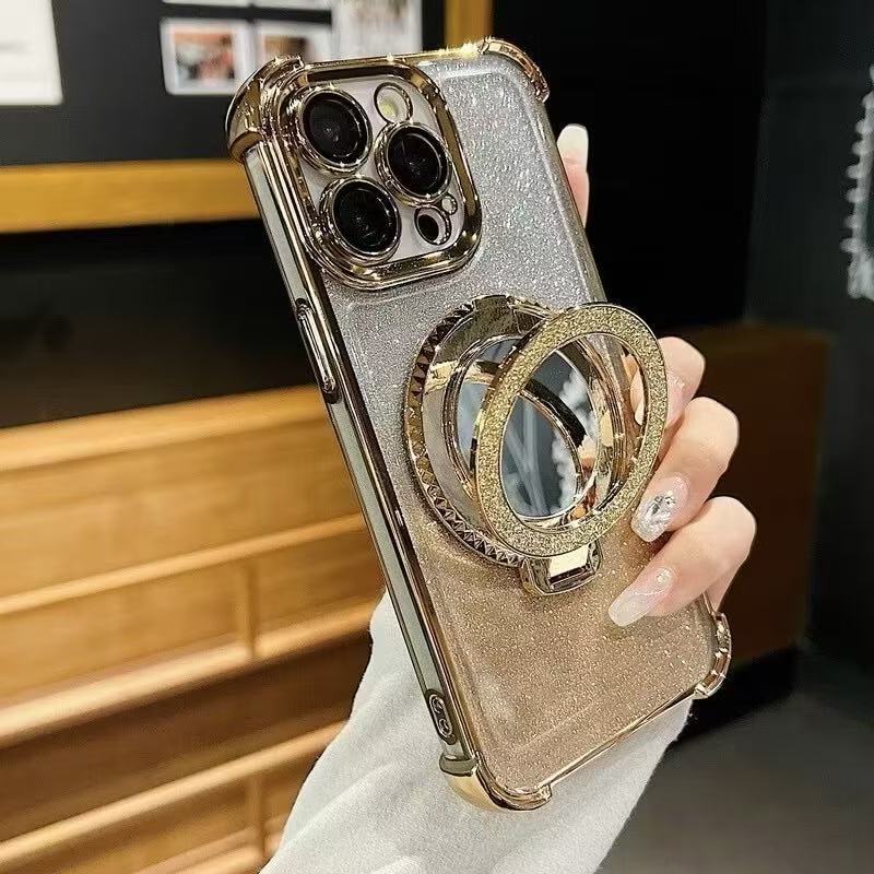 เคสขอบสี กากเพชร สำหรับ iPhone 16 Pro Max 15 14 13 Pro Max 13 14 i11กระจก แต่งหน้า ตั้งได้ กันกระแทก