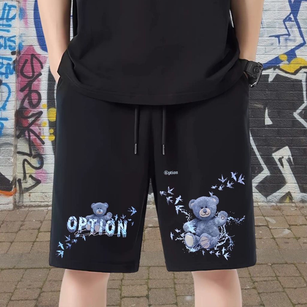 Option Bear กางเกงขาสั้นผู้ชายสีดำพร้อมกระเป๋ายืดหยุ่นปรับได้ M-XL